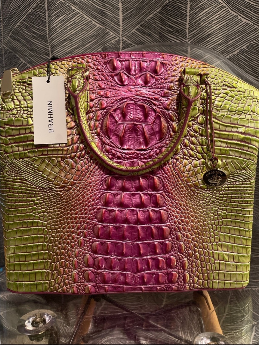 Brahmin Pink & Green Croc-Embossed Dome Satchel with Removable Strap - Picture 2 of 7